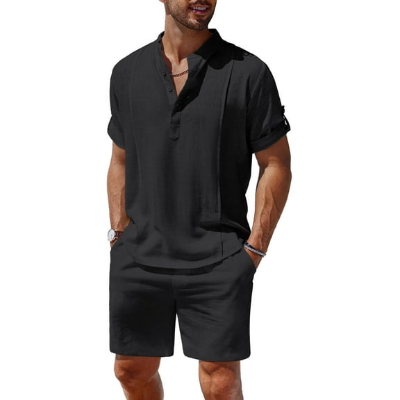 COOFANDY Men's 2 Pieces Linen Set Henley Shirt Short Sleeve and Shorts Summer Beach Yoga Matching Outfits