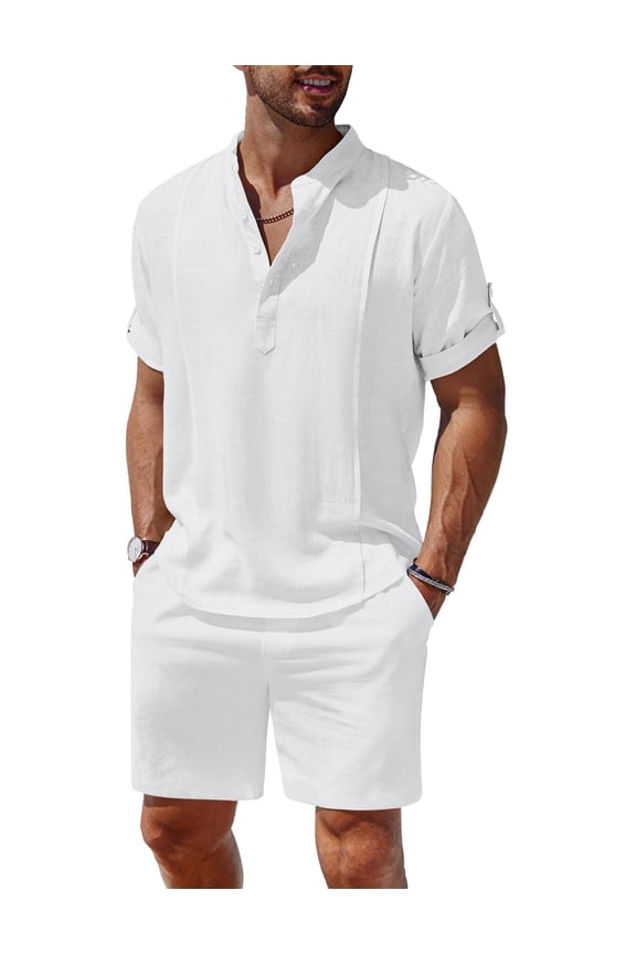 Men's 2 Pieces Linen Set Henley Shirt Short Sleeve and Shorts Summer Beach Yoga Matching Outfits