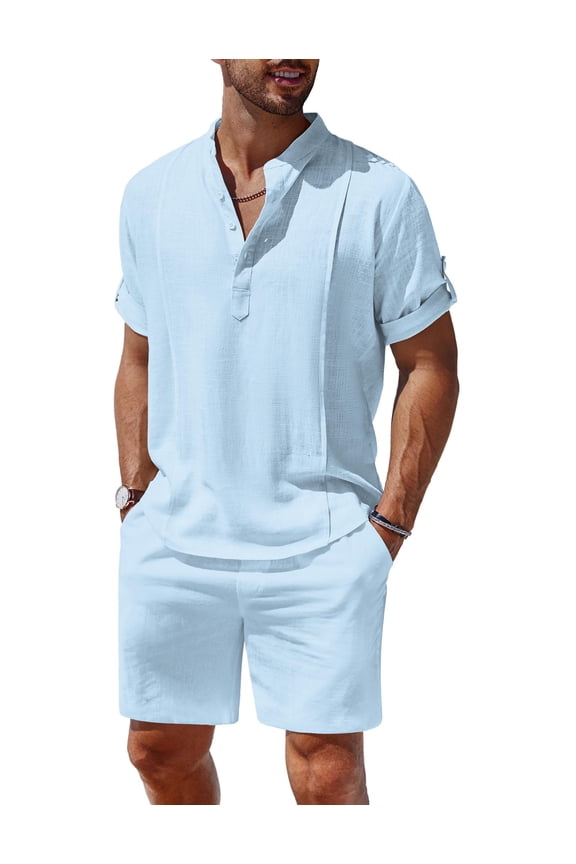 Men's 2 Pieces Linen Set Henley Shirt Short Sleeve and Shorts Summer Beach Yoga Matching Outfits