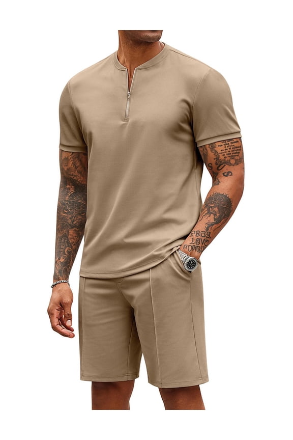 Men's 2 Pieces Outfits Casual Quarter Zip Polo T Shirt and Shorts Set Athletic Jogging Summer Tracksuit