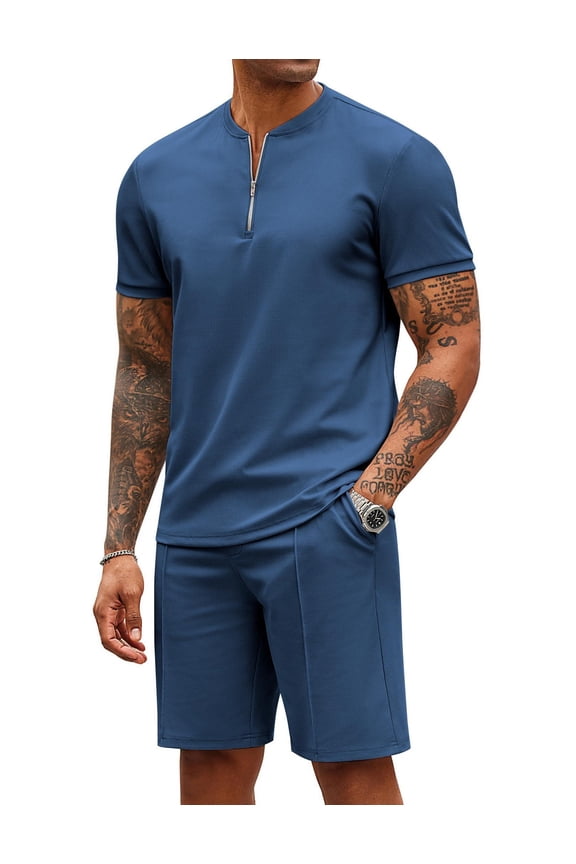 Men's 2 Pieces Outfits Casual Quarter Zip Polo T Shirt and Shorts Set Athletic Jogging Summer Tracksuit