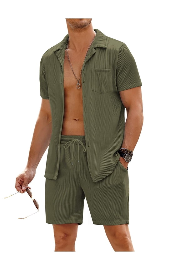 Men's 2 Piece Short Sleeve Shirt & Shorts Set Casual Button Down Summer Beach Outfit