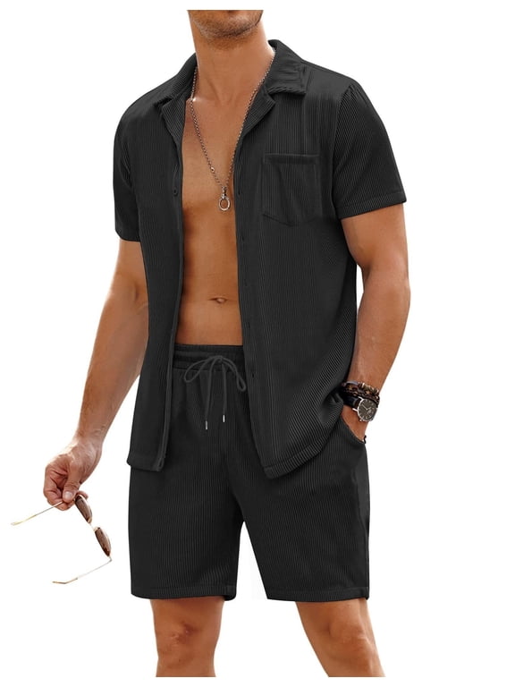 Men's 2 Piece Short Sleeve Shirt & Shorts Set Casual Button Down Summer Beach Outfit