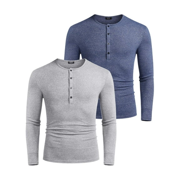 COOFANDY Men's 2 Pack Henley Shirts Long Sleeve Slim Fit Casual T-Shirt Lightweight Button Soild Basic Tees