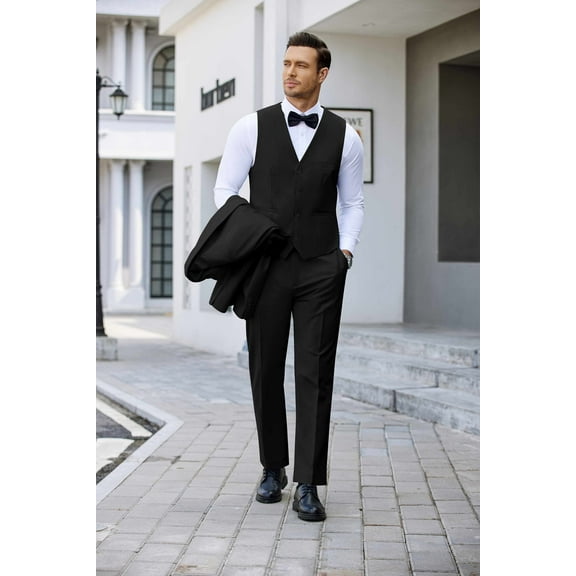 COOFANDY 3 Piece Suit Men Wedding Prom Dance Jacket Vest Trousers Bow Tie