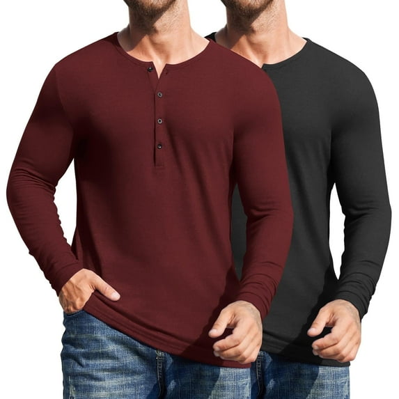 COOFANDY Men's 2 Pack Henley Shirts Long Sleeve Slim Fit Casual T-Shirt Lightweight Button Soild Basic Tees