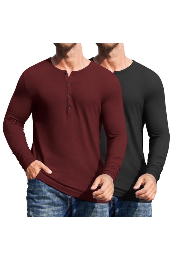 Men's 2 Pack Henley Shirts Long Sleeve Slim Fit Casual T-Shirt Lightweight Button Soild Basic Tees