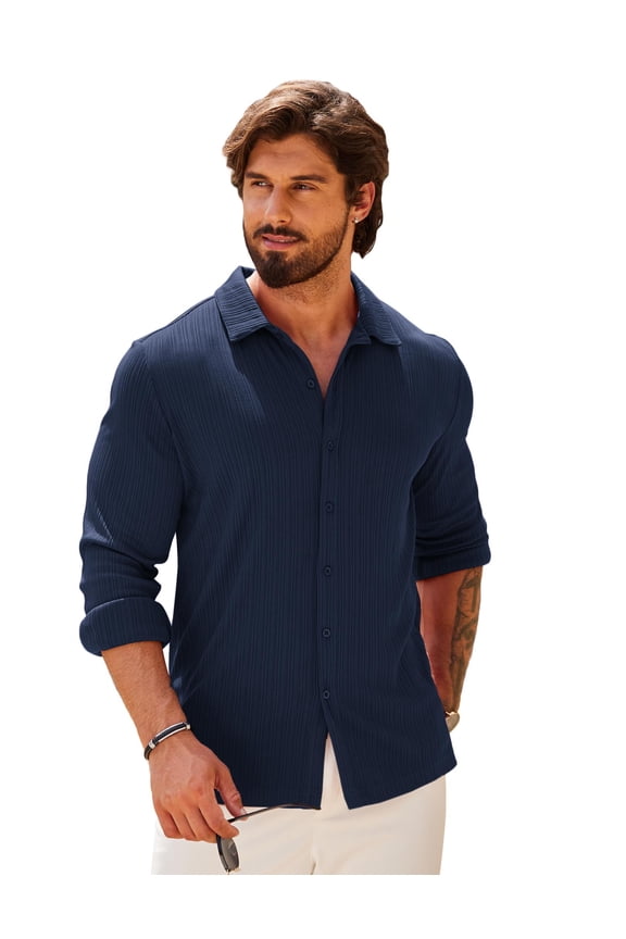Men's Athletic Fit Dress Shirts for Men Ribbed Knit Fall Fashion Textured Button Up Shirts Slim Fit Wrinkle-free Untucked Shirt Navy XXL
