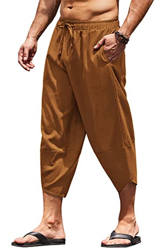 Men's Baggy Capri Trousers Casual Drawstring Vacation Hippie Summer Beach Linen Pants Lightweight Loose Yoga Pants