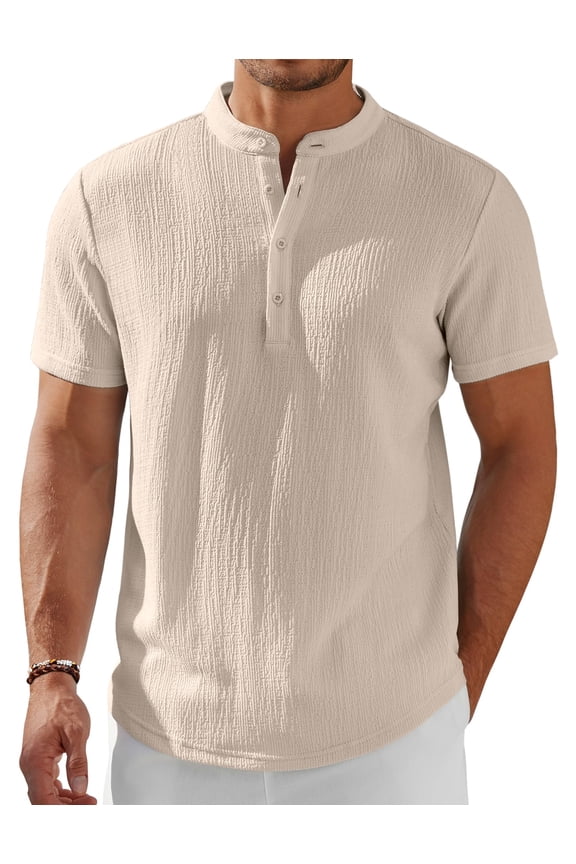 Men's Beach Henley Shirt Short Sleeve Grandad Collar Summer Casual Hippie T-Shirts