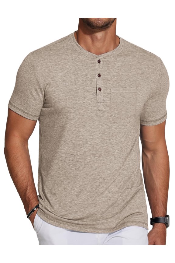 Men's Black Henley Shirts Short Sleeve Casual T-Shirts with Pocket Summer Button Henleys Classic Basic Tees for Men