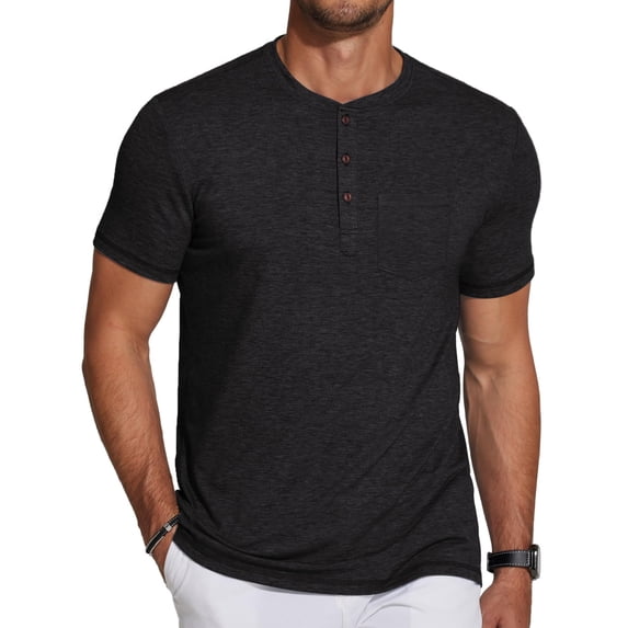 COOFANDY Men's Black Henley Shirts Short Sleeve Casual T-Shirts with Pocket Summer Button Henleys Classic Basic Tees for Men