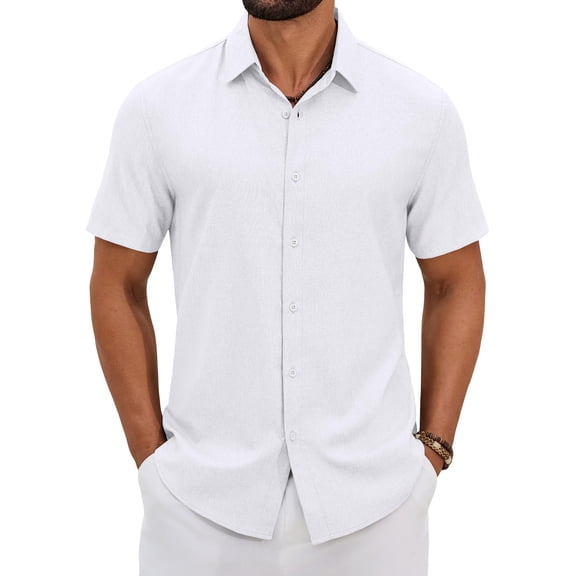 COOFANDY Men’s Button Down Shirt Short Sleeve Lightweight Casual Summer Beach Shirt Textured Linen Shirts