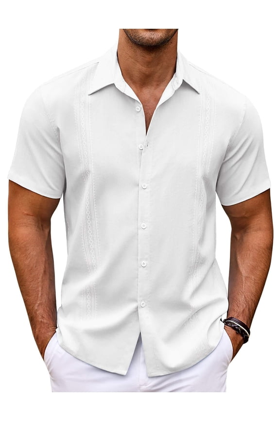 Mens Linen Shirts Short Sleeve Casual Button Up Shirts Beach Summer Shirts