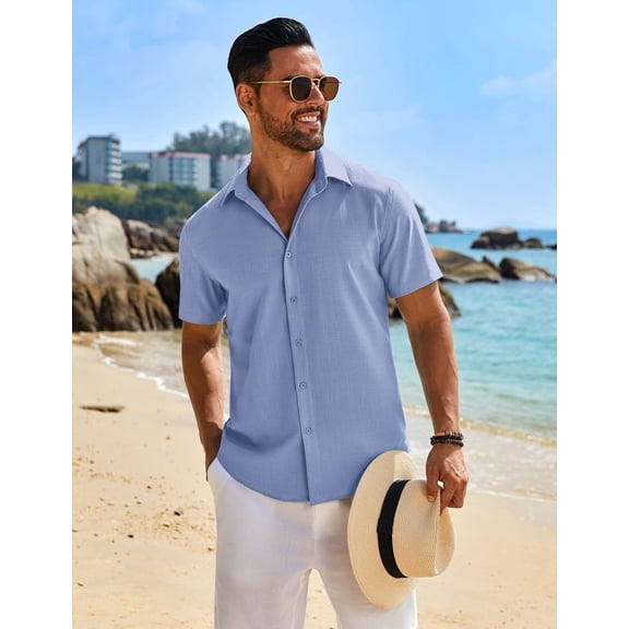 COOFANDY Mens Sage Linen Shirt Short Sleeve Button Down Shirts Summer Beach Dress Shirt