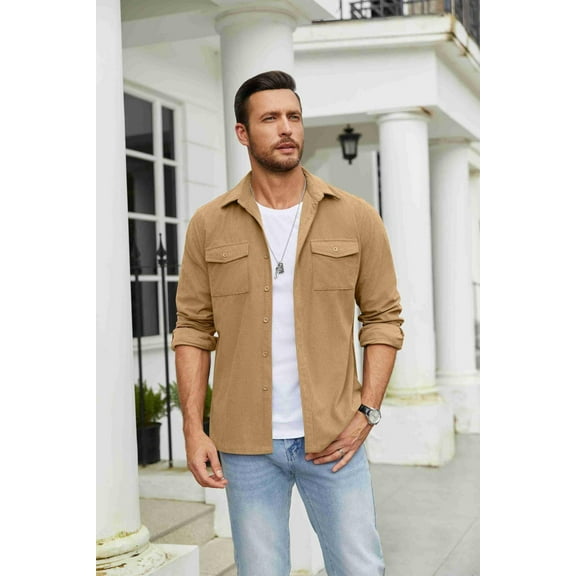COOFANDY Men's Button Down Waffle Shirt Jacket Casual Long Sleeve Shacket Lightweight Overshirts with Flap Pockets