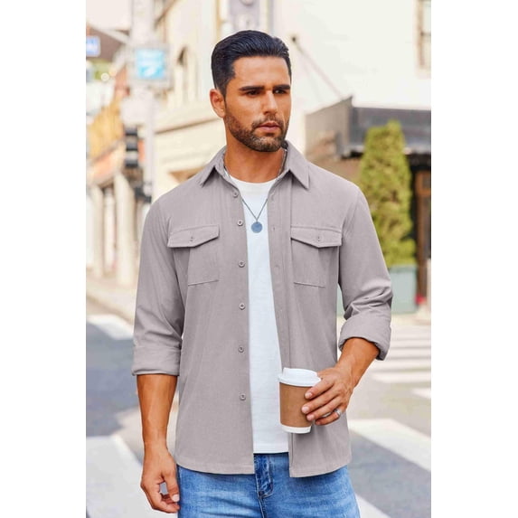 COOFANDY Men's Button Down Waffle Shirt Jacket Casual Long Sleeve Shacket Lightweight Overshirts with Flap Pockets