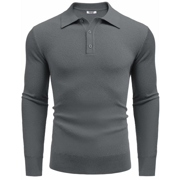 COOFANDY Mens Knit Polo Shirts Long Sleeve Casual Polo Sweaters Shirt Waffle Textured Collared Sweater Gray M