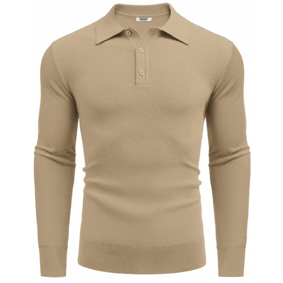 COOFANDY Mens Knit Polo Shirts Long Sleeve Casual Polo Sweaters Shirt Waffle Textured Collared Sweater Khaki L