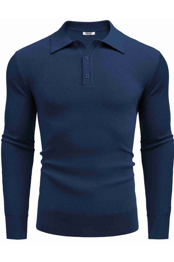 Mens Knit Polo Shirts Long Sleeve Casual Polo Sweaters Shirt Waffle Textured Collared Sweater Navy Blue L