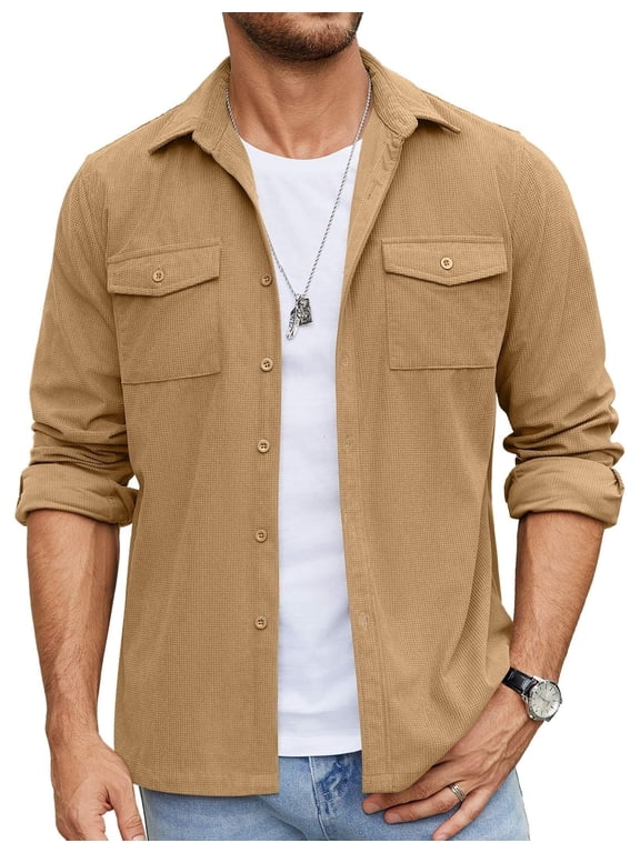 Men's Button Down Waffle Shirt Jacket Casual Long Sleeve Shacket Lightweight Overshirts with Flap Pockets