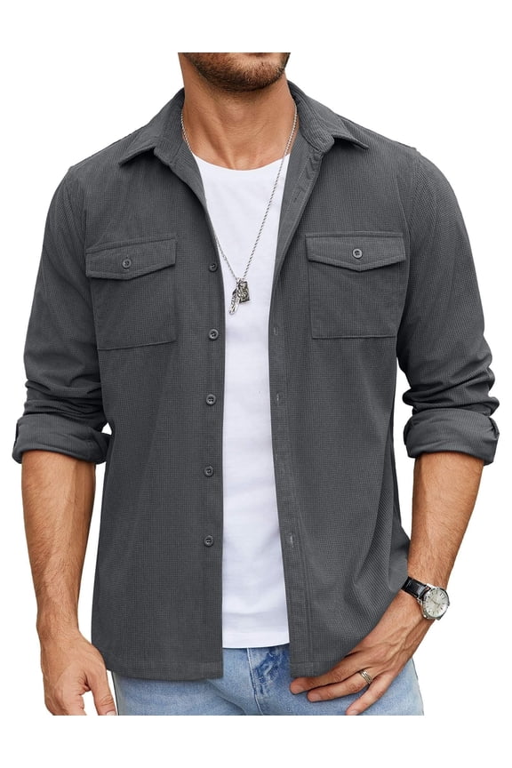 Men's Button Down Waffle Shirt Jacket Casual Long Sleeve Shacket Lightweight Overshirts with Flap Pockets