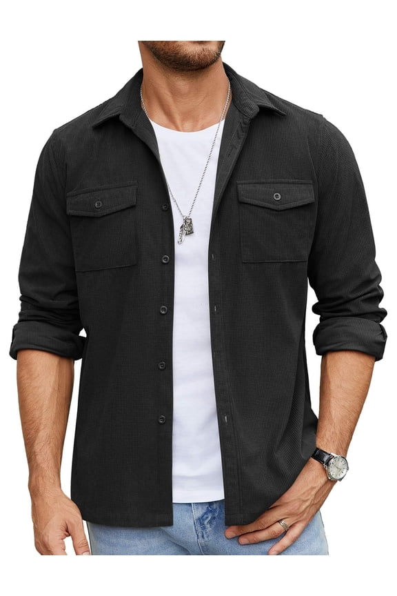 Men's Button Down Waffle Shirt Jacket Casual Long Sleeve Shacket Lightweight Overshirts with Flap Pockets