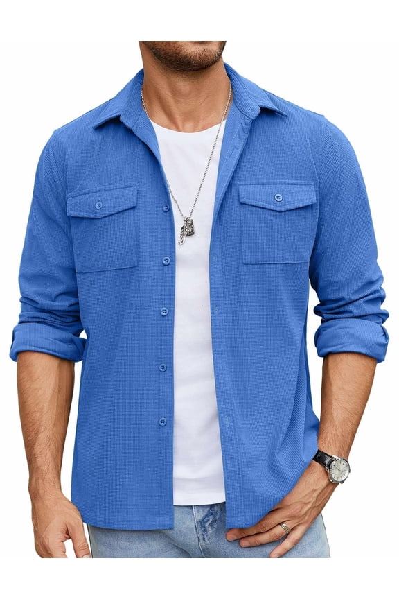 Men's Button Down Waffle Shirt Jacket Casual Long Sleeve Shacket Lightweight Overshirts with Flap Pockets