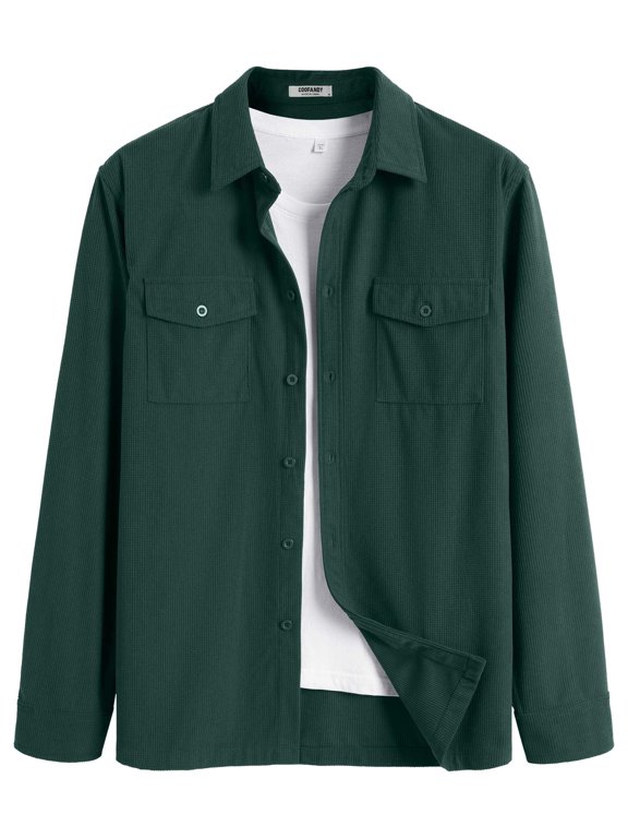 Men's Button Down Waffle Shirt Jacket Casual Long Sleeve Shacket Lightweight Overshirts with Flap Pockets