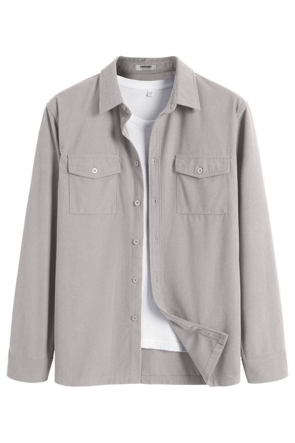 Men's Button Down Waffle Shirt Jacket Casual Long Sleeve Shacket Lightweight Overshirts with Flap Pockets