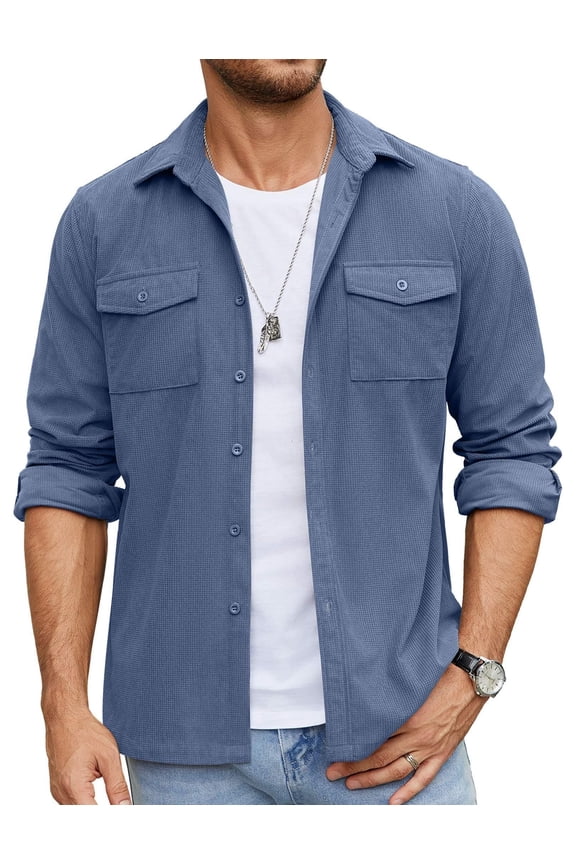 Men's Button Down Waffle Shirt Jacket Casual Long Sleeve Shacket Lightweight Overshirts with Flap Pockets