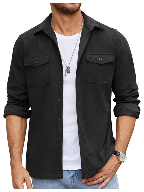 Men's Button Down Waffle Shirt Jacket Casual Long Sleeve Shacket Lightweight Overshirts with Flap Pockets
