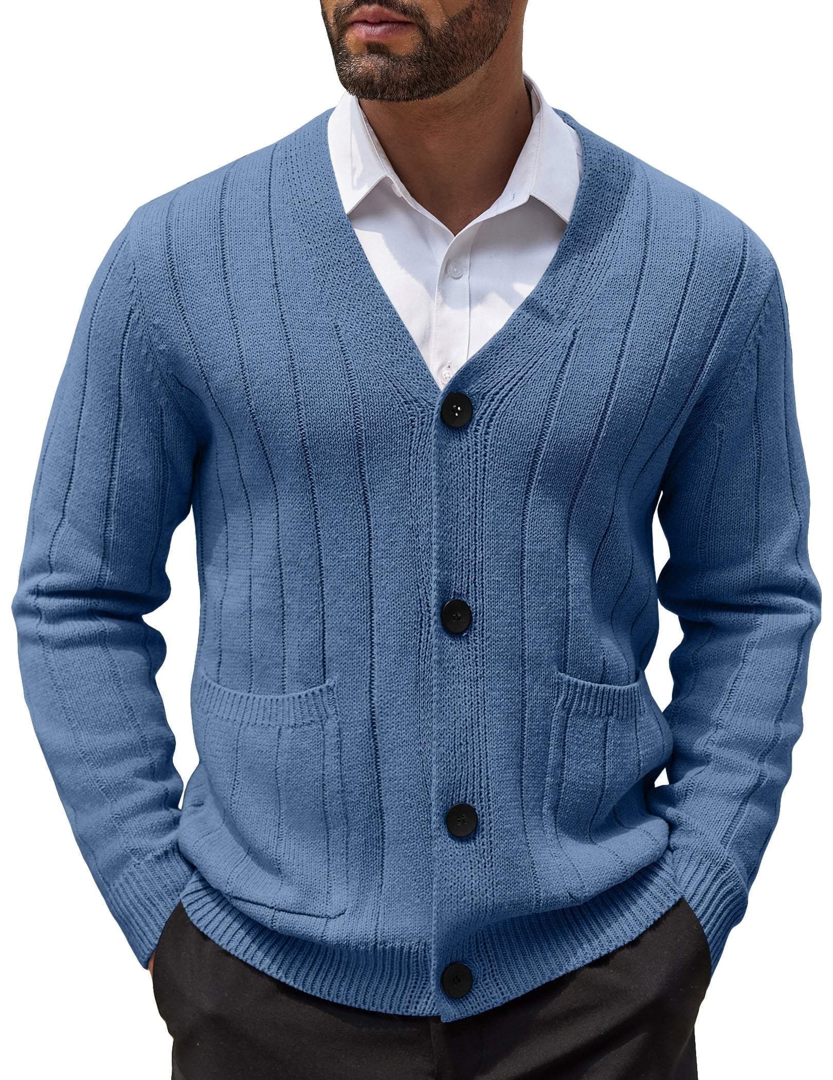 COOFANDY Men's Cardigan Sweater Cable Knit V Neck Button up