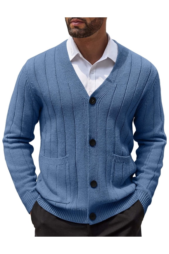 Men's Cardigan Sweater Cable Knit V Neck Button up Sweaters Ribbed Cardigan Sweater with Pockets
