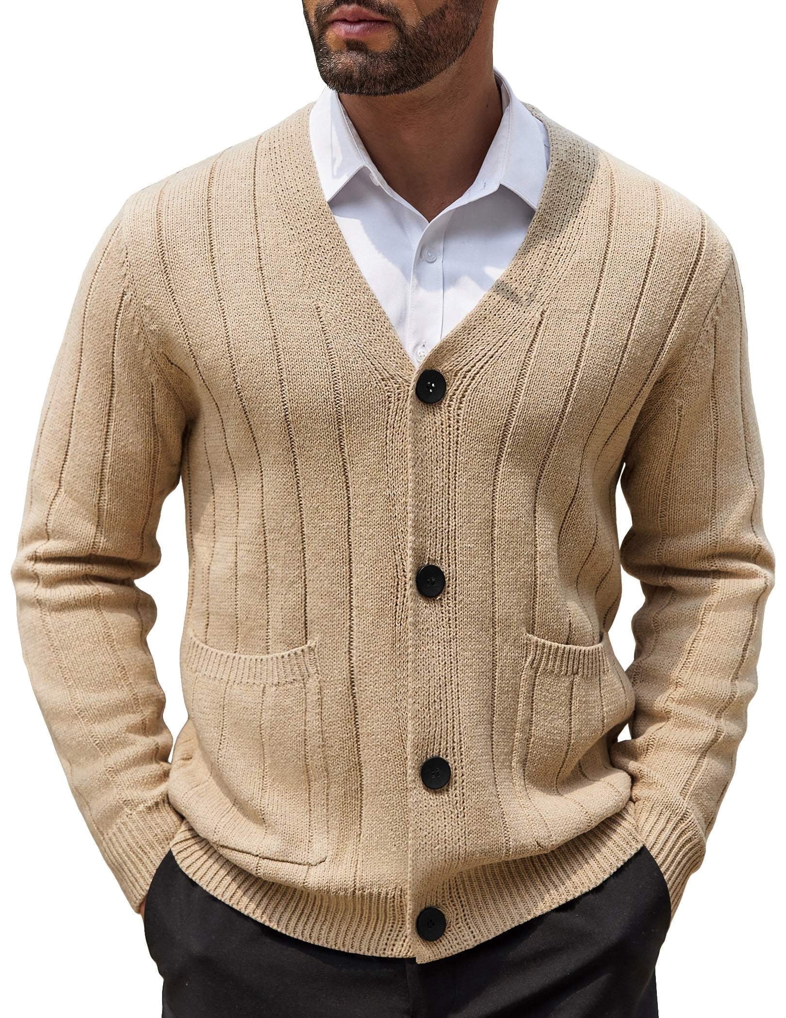 Men's Cardigan Sweater Cable Knit V Neck Button up Sweaters Ribbed Cardigan Sweater with Pockets Khaki L