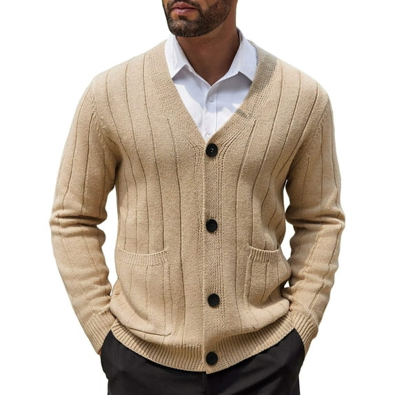 COOFANDY Men's Cardigan Sweater Cable Knit V Neck Button up Sweaters Ribbed Cardigan Sweater with Pockets Khaki L