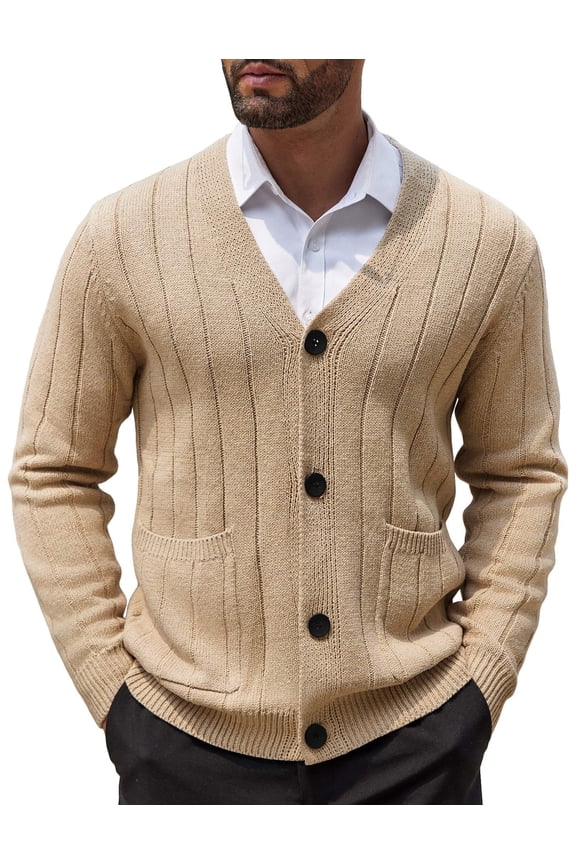 Men's Cardigan Sweater Cable Knit V Neck Button up Sweaters Ribbed Cardigan Sweater with Pockets