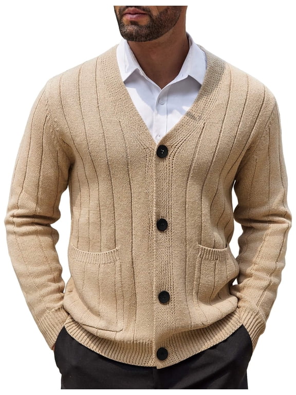 Men's Cardigan Sweater Cable Knit V Neck Button up Sweaters Ribbed Cardigan Sweater with Pockets