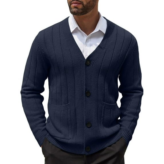 COOFANDY Men's Cardigan Sweater Cable Knit V Neck Button up Sweaters Ribbed Cardigan Sweater with Pockets Navy Blue M