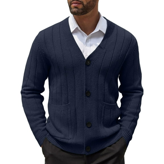 COOFANDY Men's Cardigan Sweater Cable Knit V Neck Button up Sweaters Ribbed Cardigan Sweater with Pockets Navy Blue M