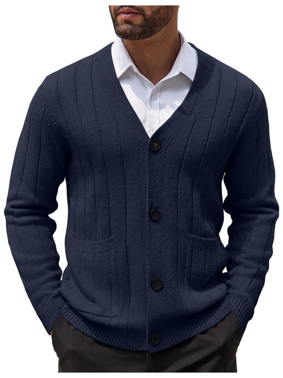 Men's Cardigan Sweater Cable Knit V Neck Button up Sweaters Ribbed Cardigan Sweater with Pockets Navy Blue M