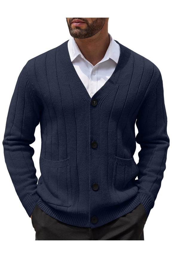 Men's Cardigan Sweater Cable Knit V Neck Button up Sweaters Ribbed Cardigan Sweater with Pockets Navy Blue XXL