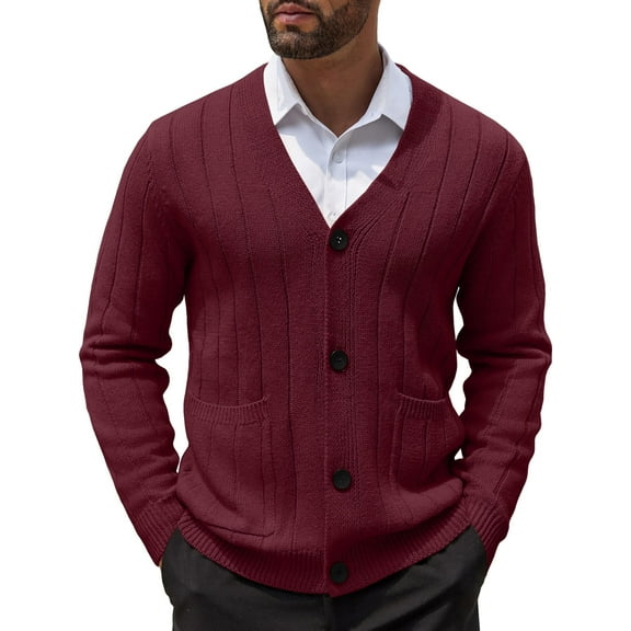 COOFANDY Men's Cardigan Sweater Cable Knit V Neck Button up Sweaters Ribbed Cardigan Sweater with Pockets