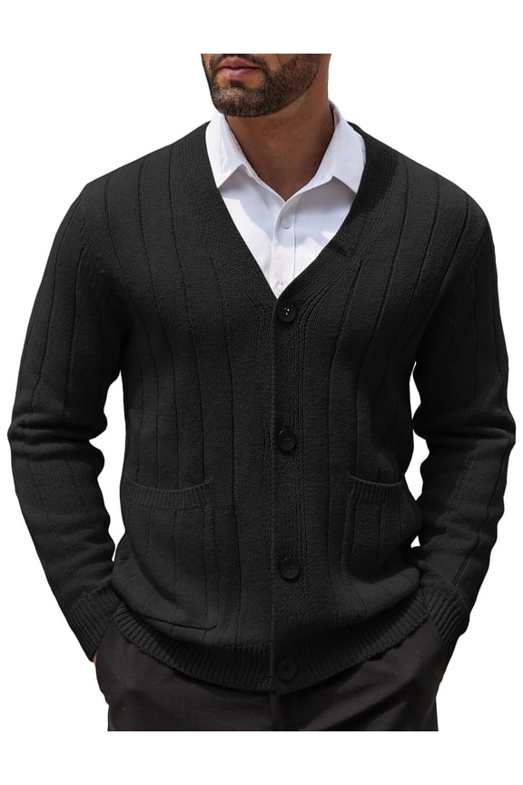 Men's Cardigan Sweater Cable Knit V Neck Button up Sweaters Ribbed Cardigan Sweater with Pockets