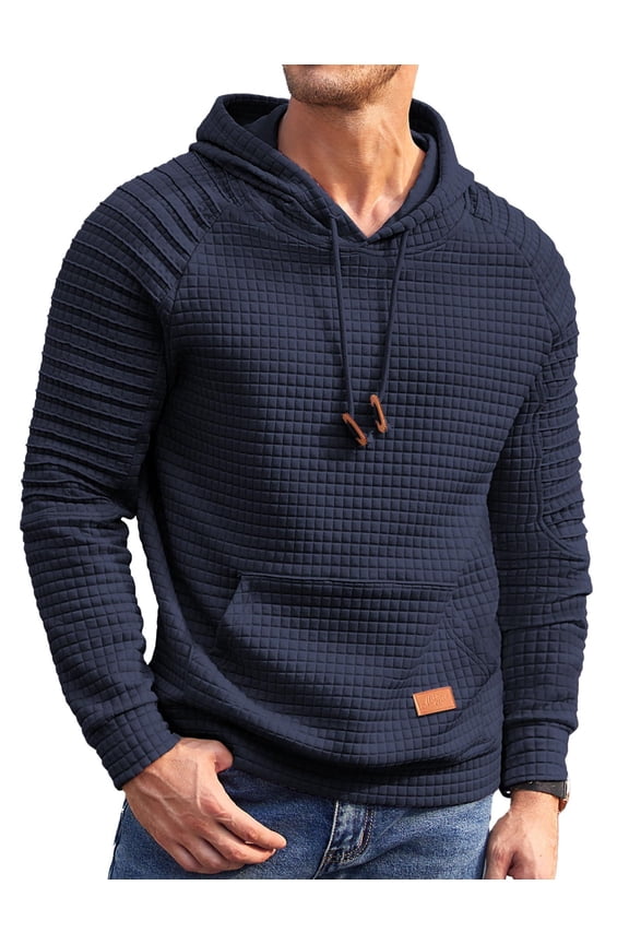 Men's Waffle Knit Hoodie Pullover Hipster Pleated Textured Long Sleeve Drawstring Hooded Sweatshirt with Kanga Pocket
