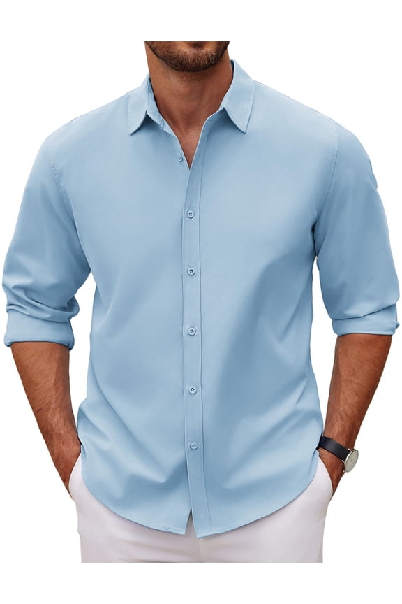 Mens Casual Business Dress Shirt Long Sleeve Solid Formal Shirts Chambray Button Down Shirt