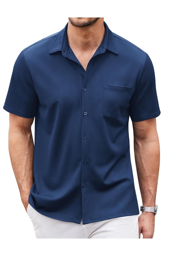 Men's Knitted Shirts Short Sleeve Casual Button Down Shirts No Tucked Dress Shirts with Pocket