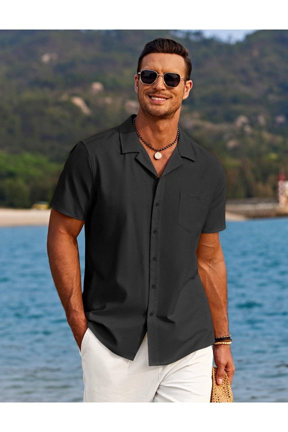 Men Button Down Shirt Beach Linen Shirts Summer Hawaiian Shirts Cuban Collar Shirts Short Sleeve Button Down Shirts