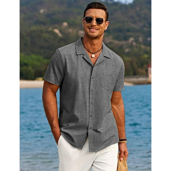 COOFANDY Men Button Down Shirt Beach Linen Shirts Summer Hawaiian Shirts Cuban Collar Shirts Short Sleeve Button Down Shirts