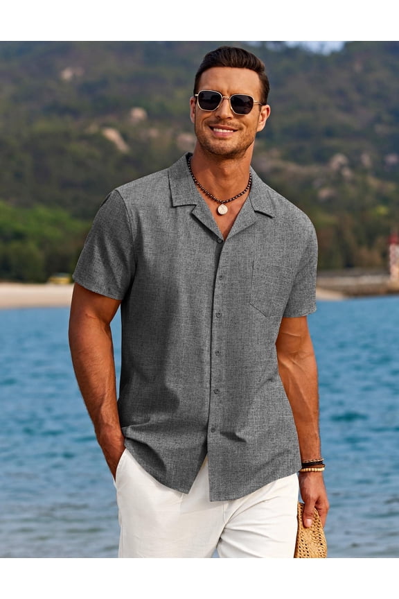 Men Button Down Shirt Beach Linen Shirts Summer Hawaiian Shirts Cuban Collar Shirts Short Sleeve Button Down Shirts